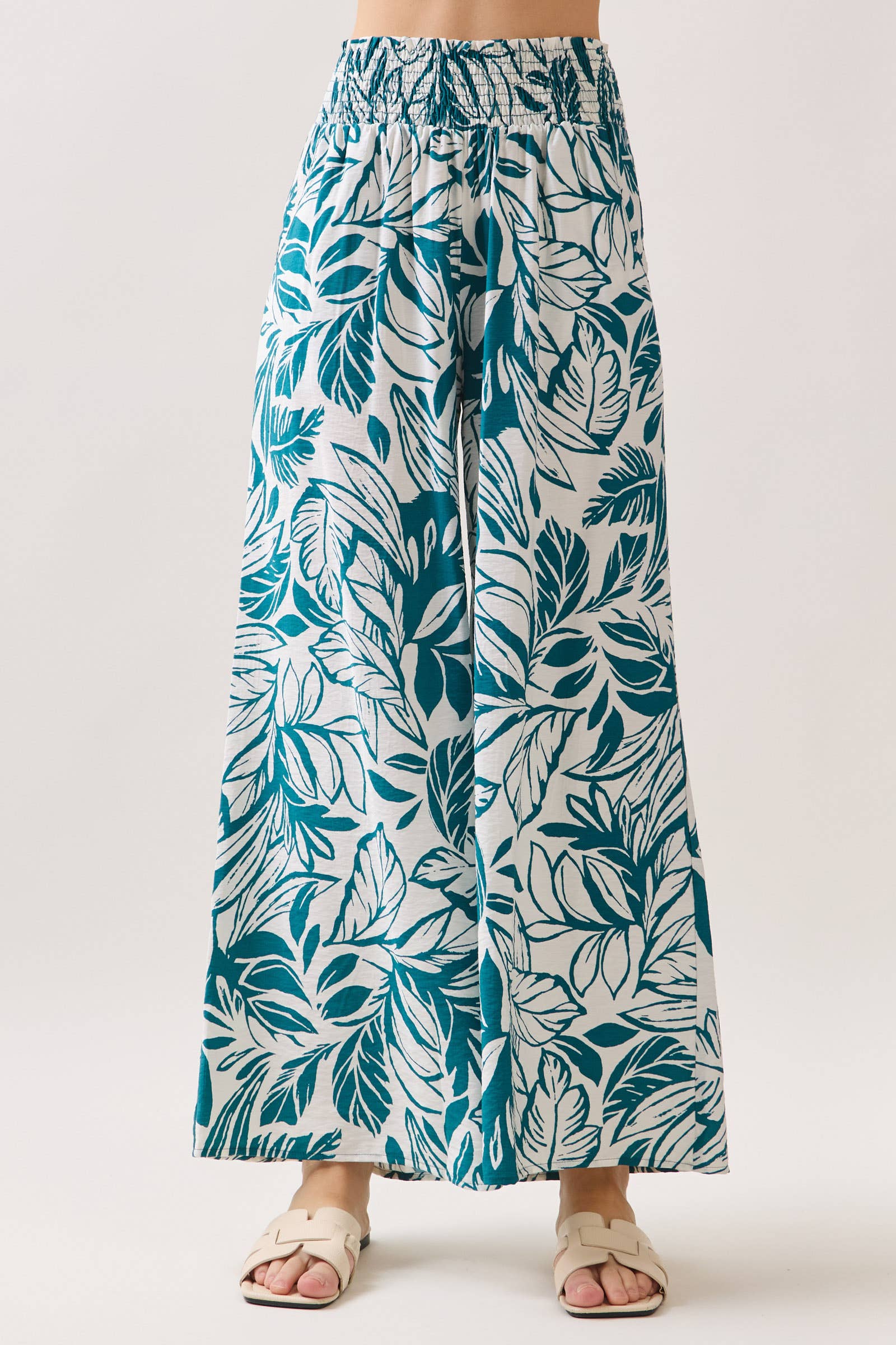 Leaf Print Smock Waist Pants