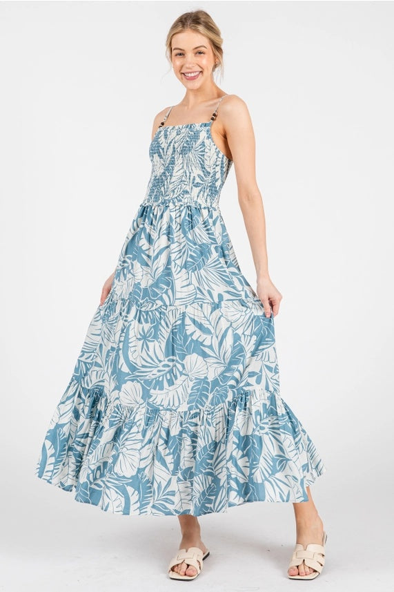 Tropical Smocked Tiered Midi Dress
