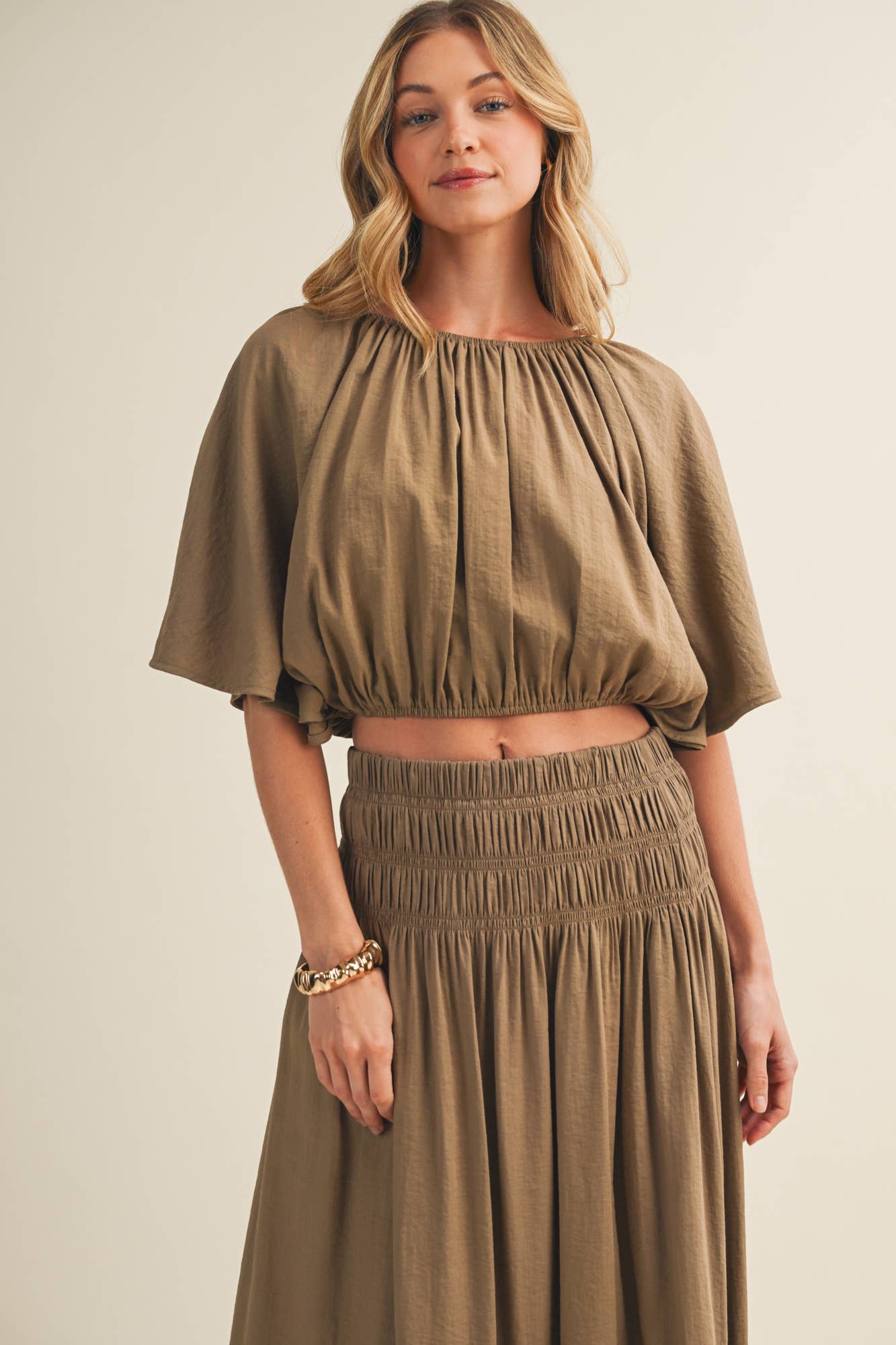 Shirred Waistband Voluminous Sleeve Blouse