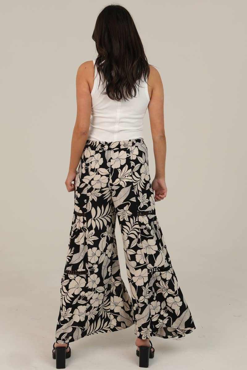 FLORAL WIDE LEG PANTS WITH LACE INSERTS