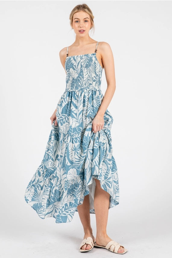 Tropical Smocked Tiered Midi Dress
