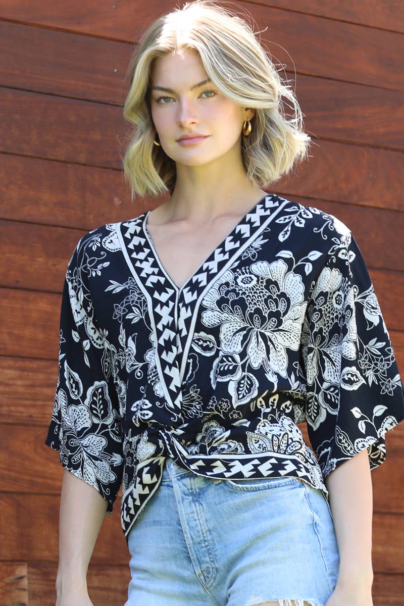 Twist Front Border Print Top