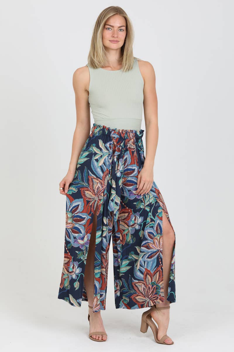 Tie Waist Wide Leg Pants w/ Front Slit