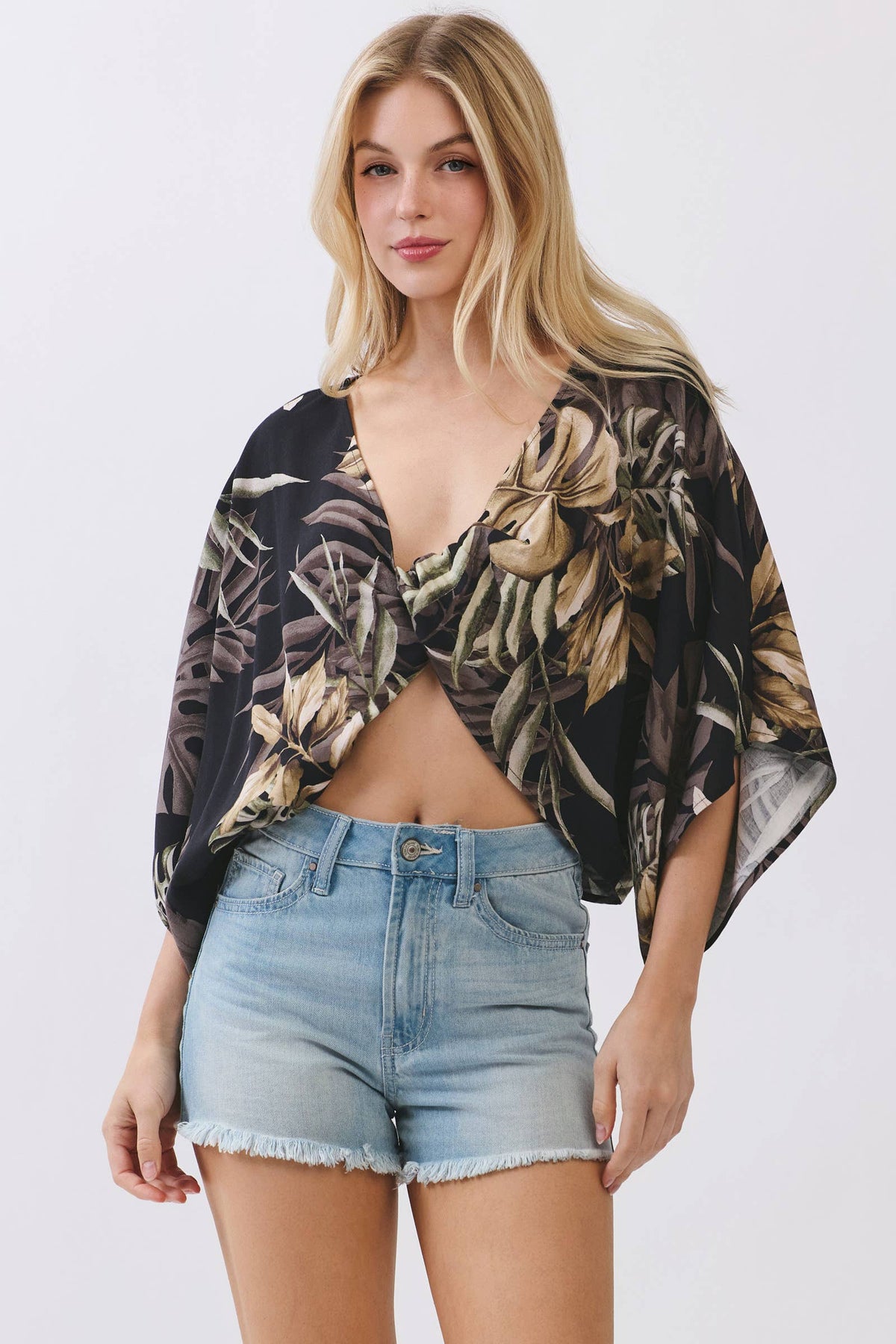 Monstera Twist Front Kimono Crop Top
