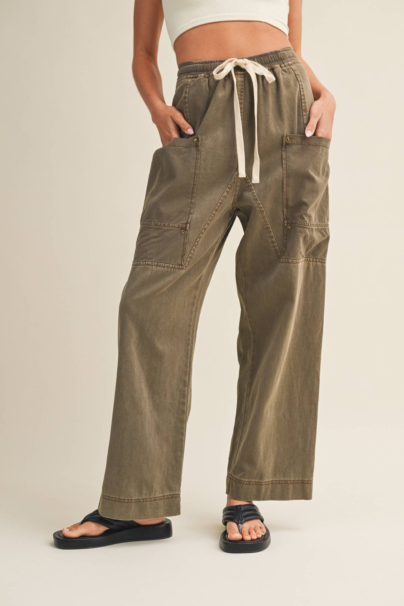 Drawstring Waist Wide Leg Utility Trouser