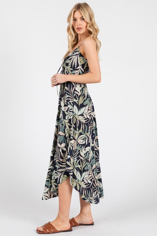 Tropical Print Cinch Tie Midi Dress