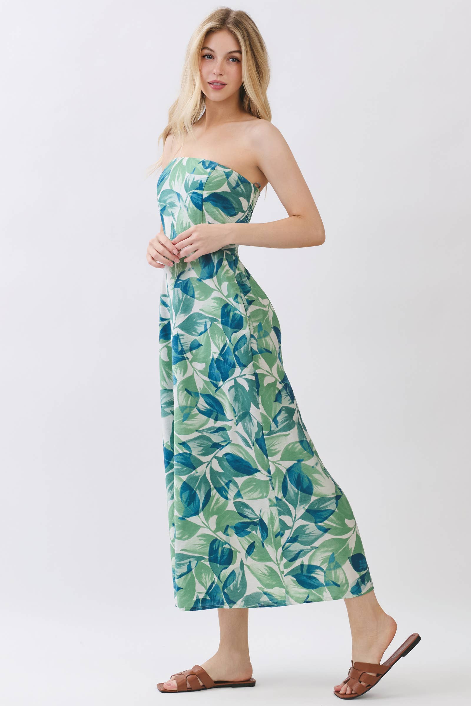 Leaf Print Tube Top Midi Dress