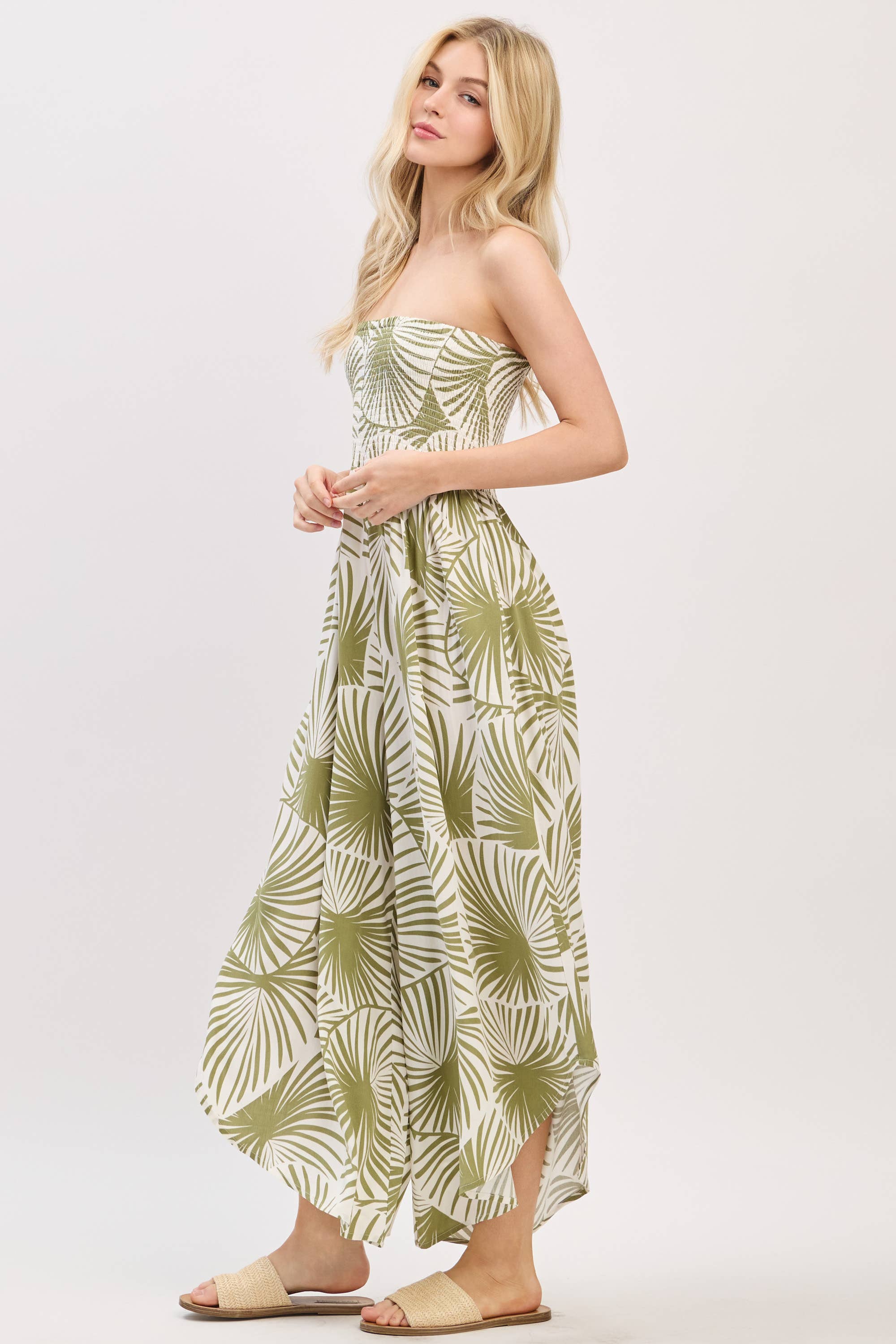 Palm Print Smocked Top and Wide Leg Jumpsuit