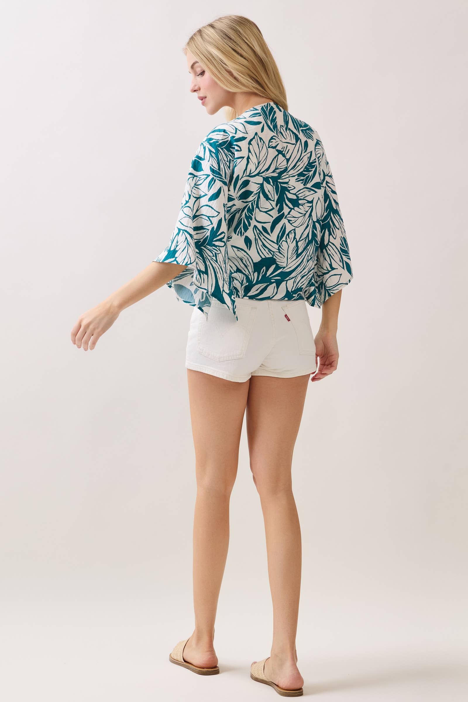 Tropical Print 3/4 Sleeve Tie Front Top