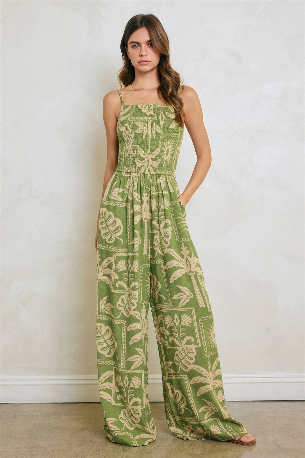 Tropical Conversational Smocked Wide Leg Jumpsuit