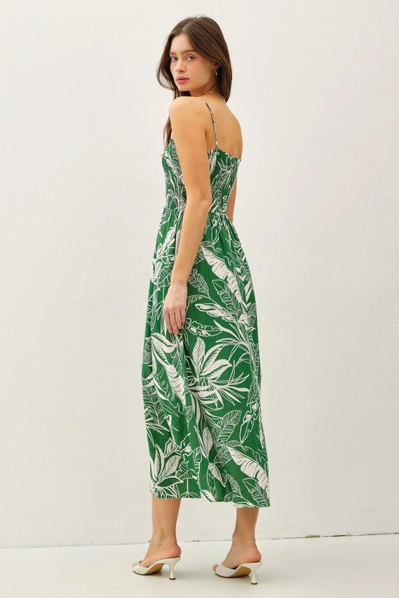 Smocked Leaf Print Midi Dress