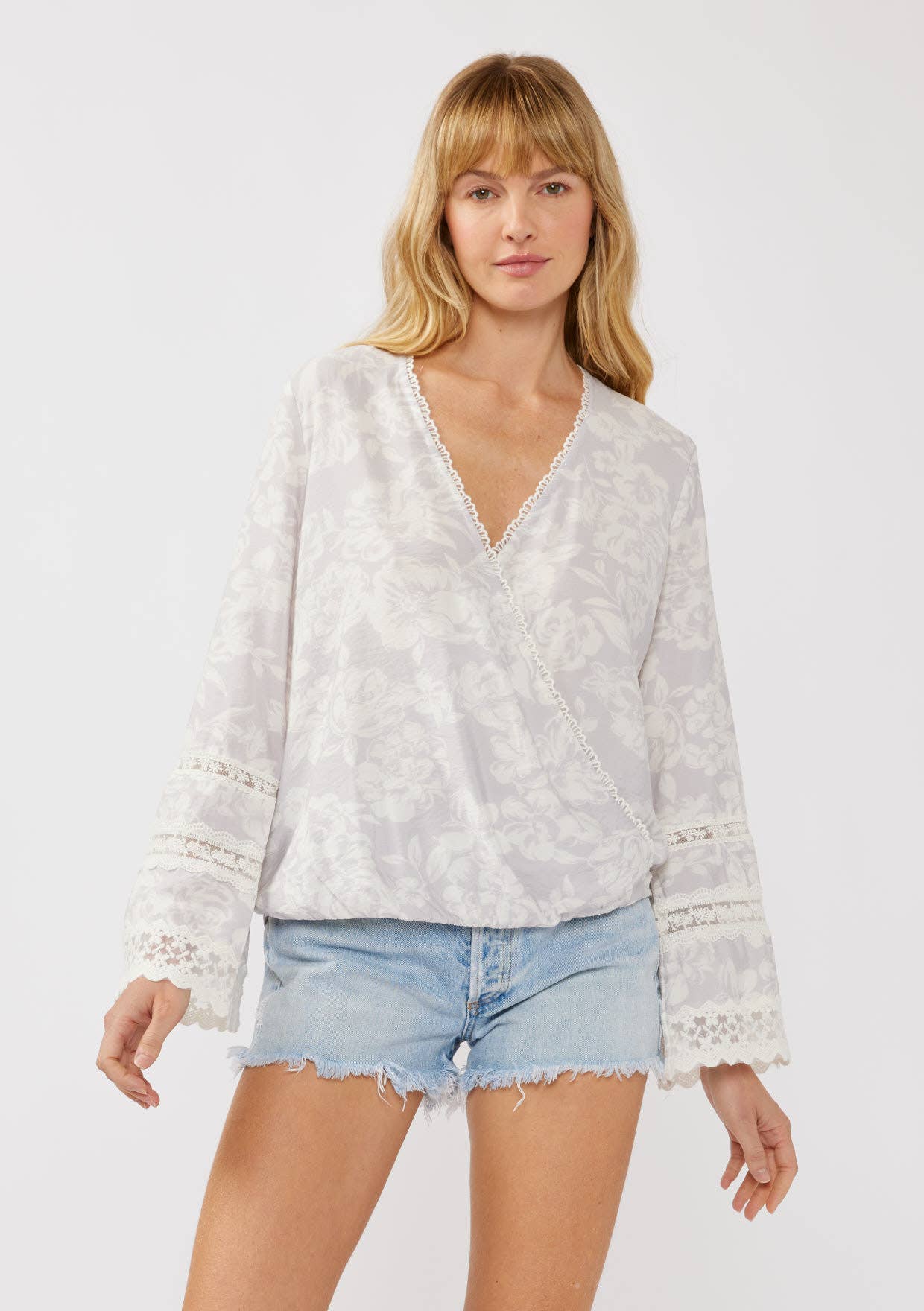 Floral Challis Lace Trim Surplice Top