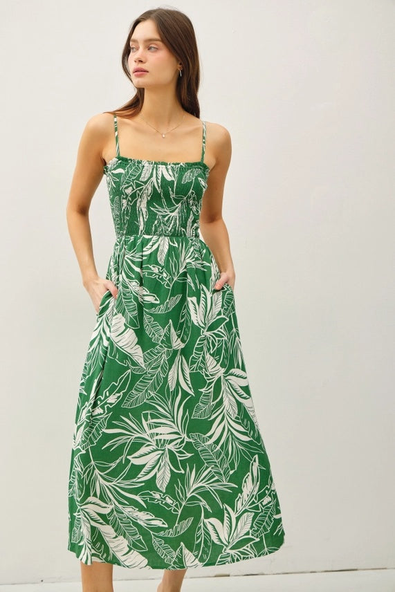 Smocked Leaf Print Midi Dress