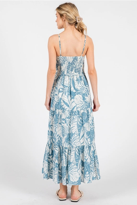 Tropical Smocked Tiered Midi Dress