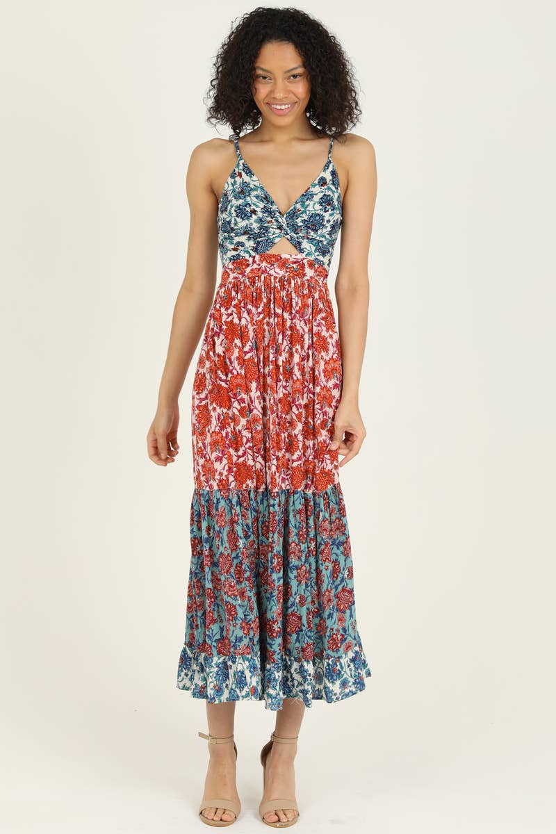 Twist Front Patchwork Maxi Dress