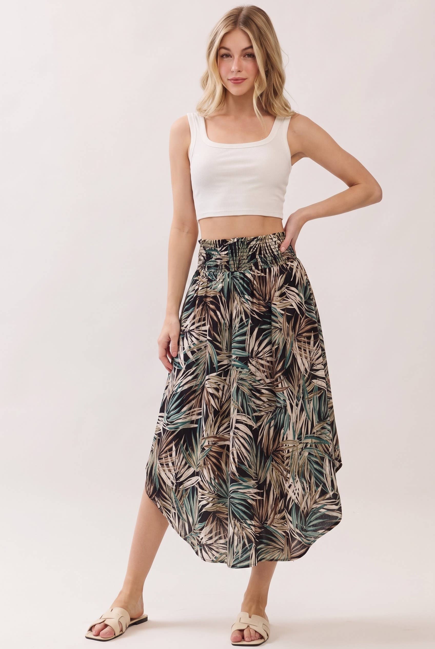 TROPICAL LEAF PRINT MIDI SKIRT