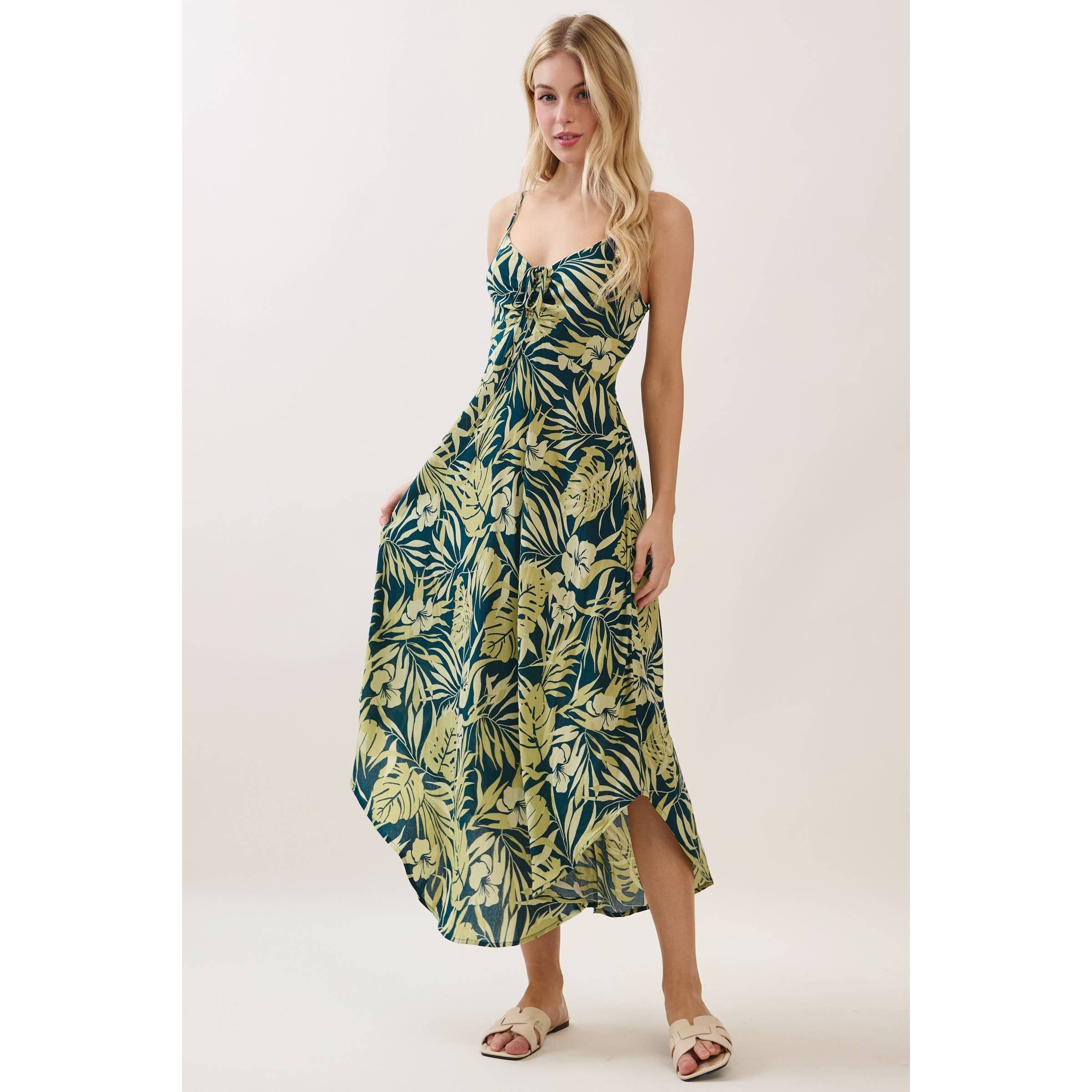 Tropical Ruche Bodice Midi Dress