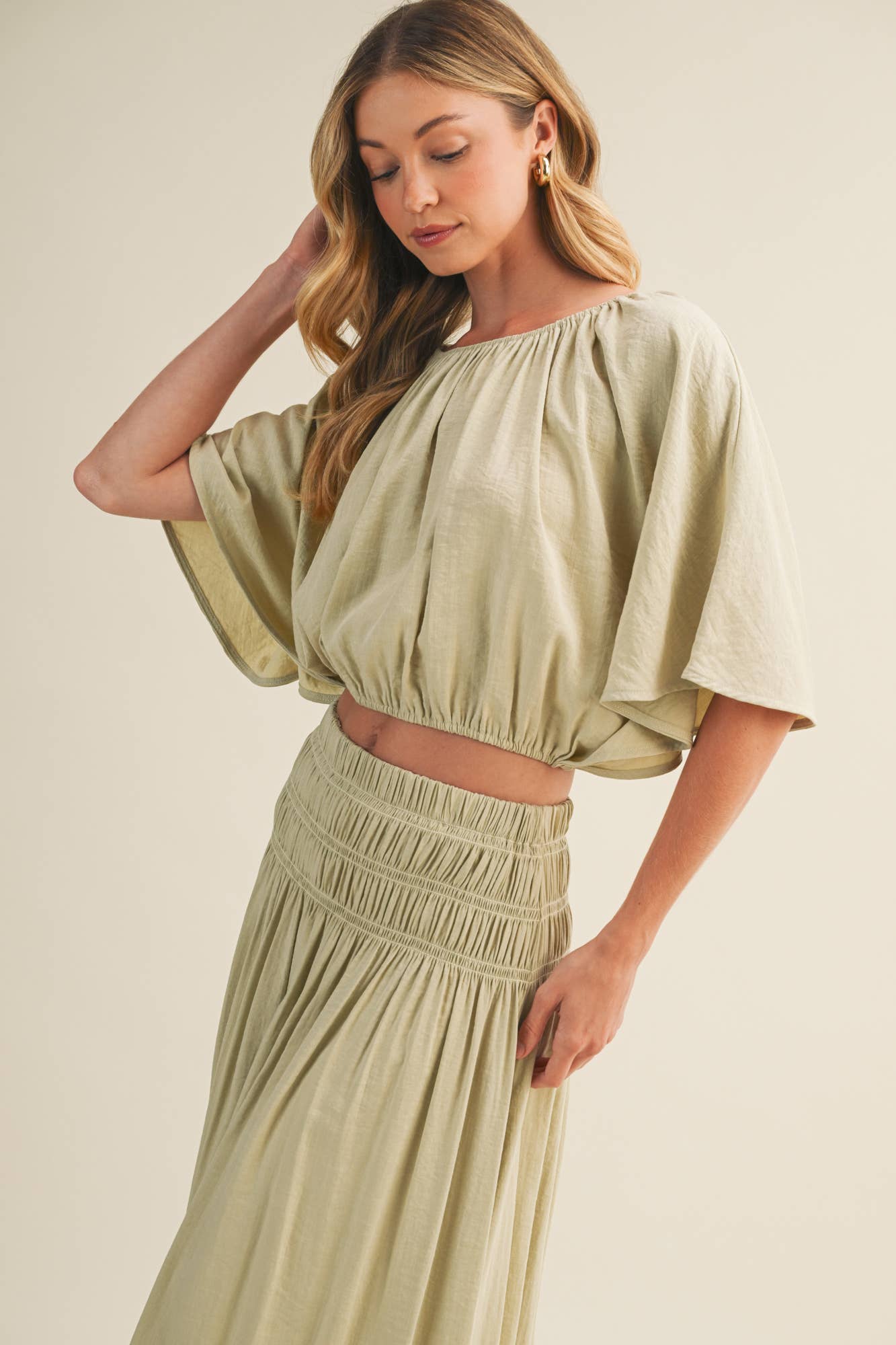 Shirred Waistband Voluminous Sleeve Blouse
