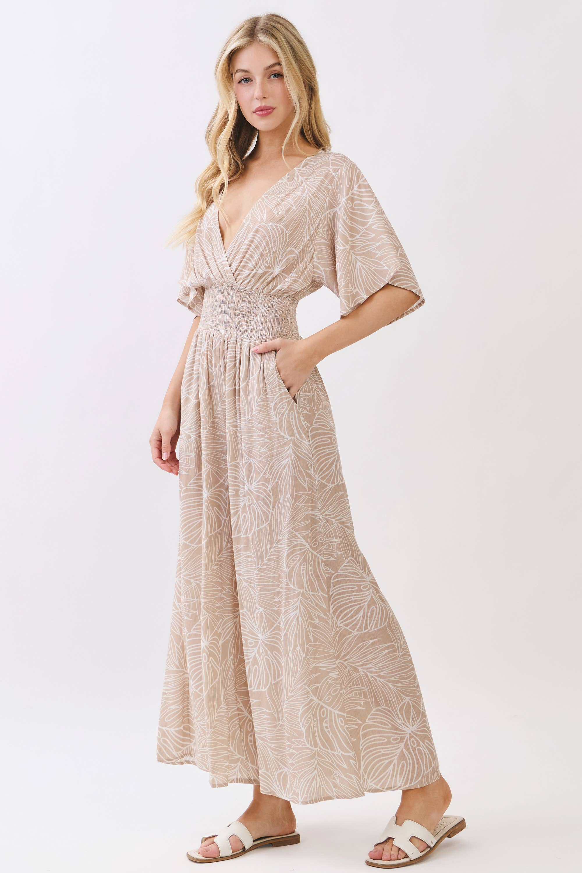 LEAF PRINT SURPLICE WIDE LEG JUMPSUIT