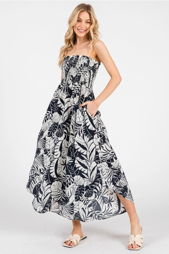 Tropical Strapless Smocked Jumpsuit