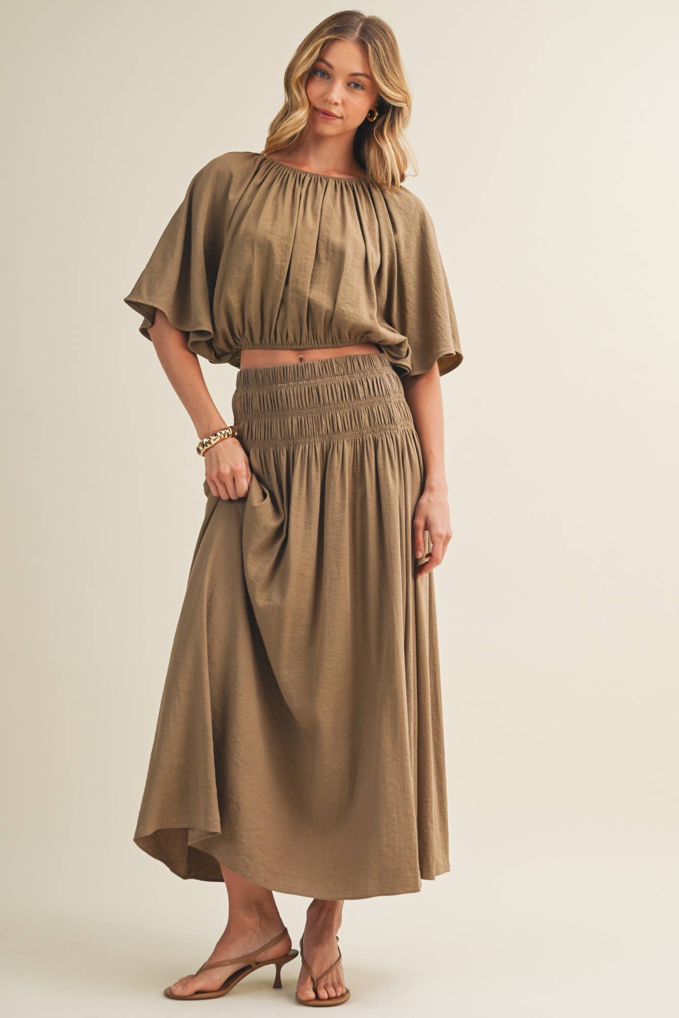 Shirred Waistband Voluminous Sleeve Blouse