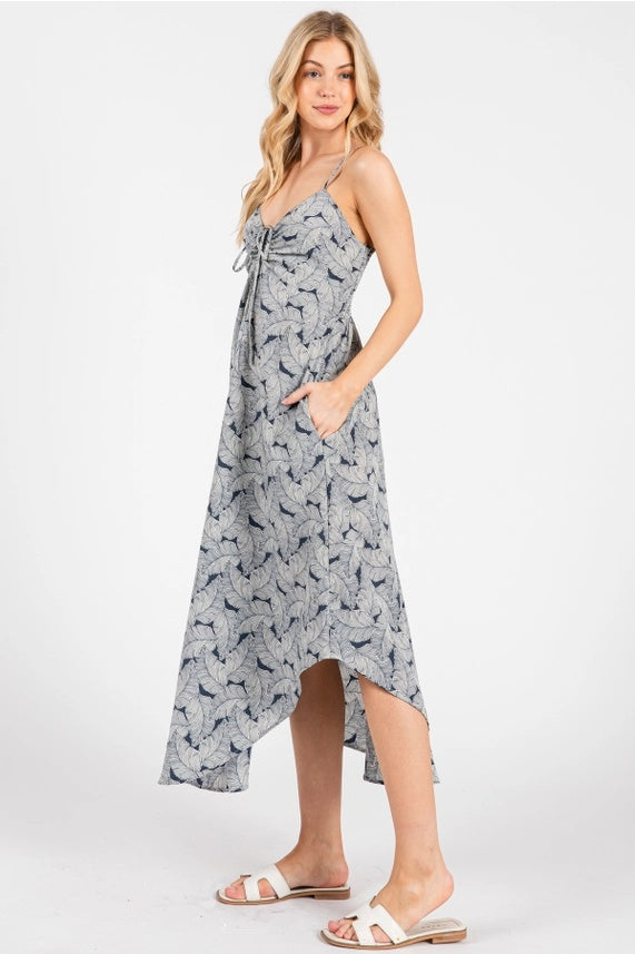 Palm Leaf Ruche Front Midi Dress