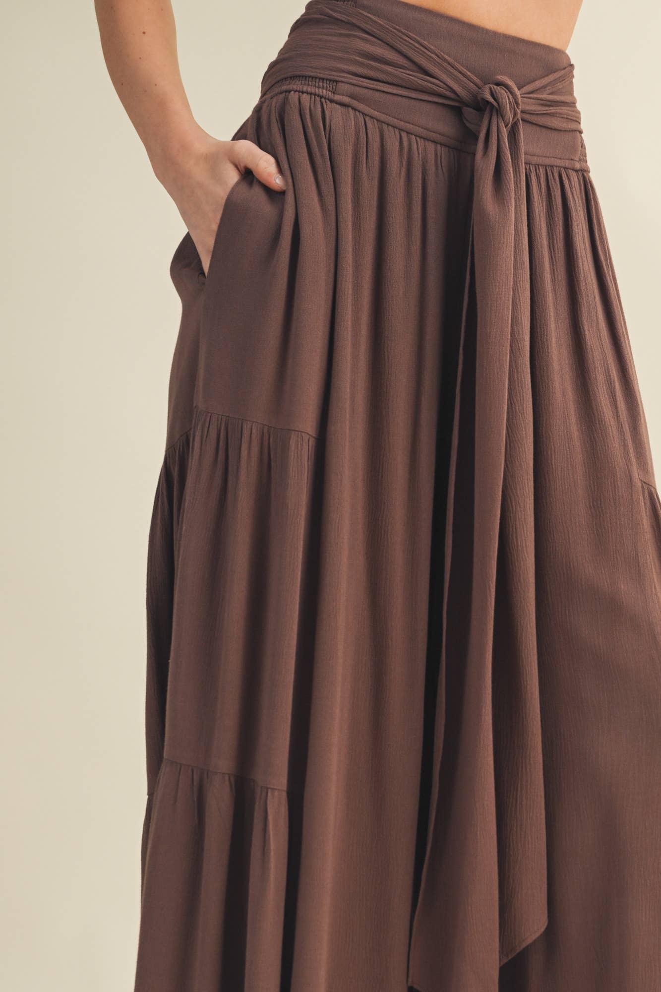 Smocked Tie-Waist Tiered Palazzo Pant
