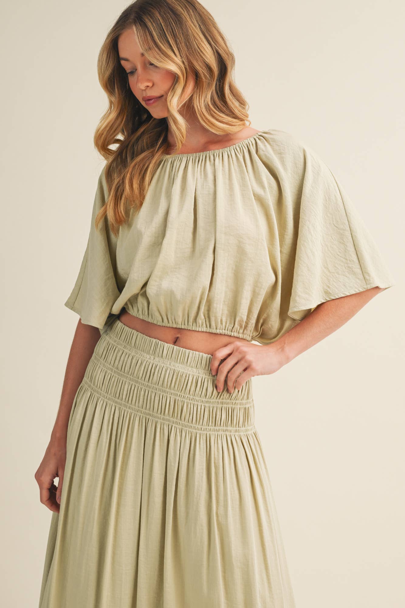 Shirred Waistband Voluminous Sleeve Blouse