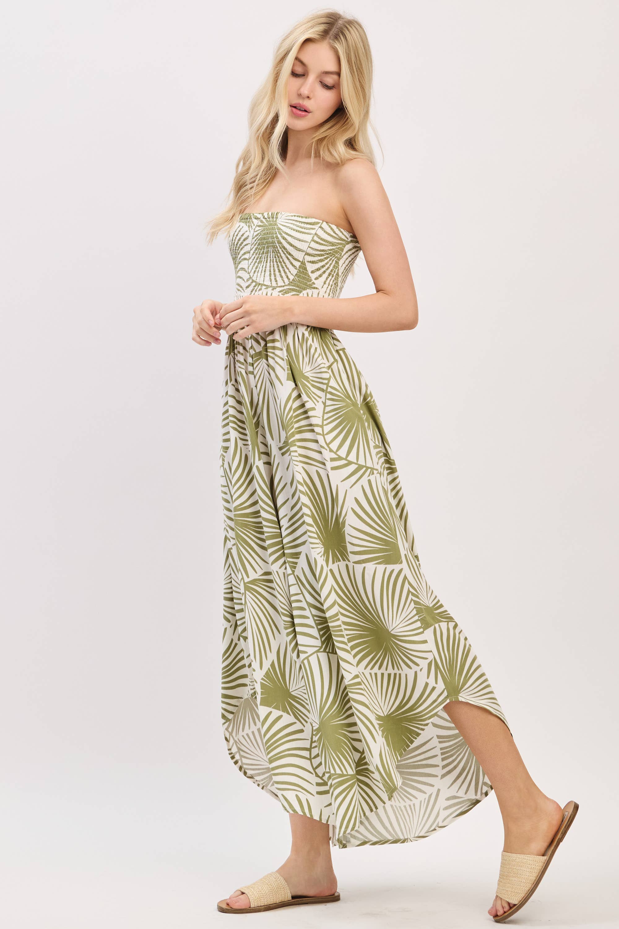 Palm Print Smocked Top and Wide Leg Jumpsuit