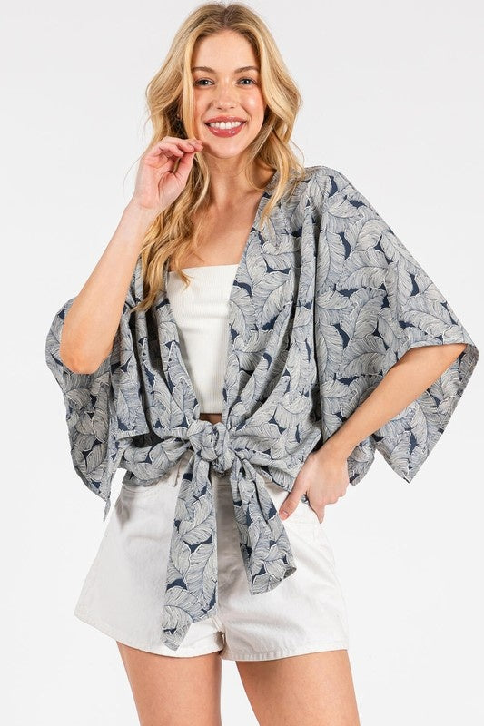 Palm Leaf Print Tie Front Top