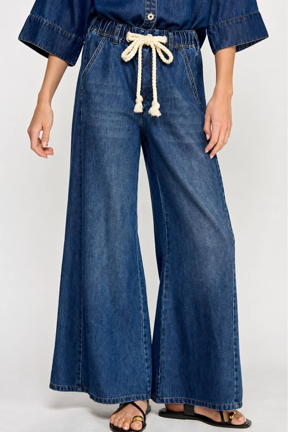 DRAWSTRING WIDE DENIM PANTS