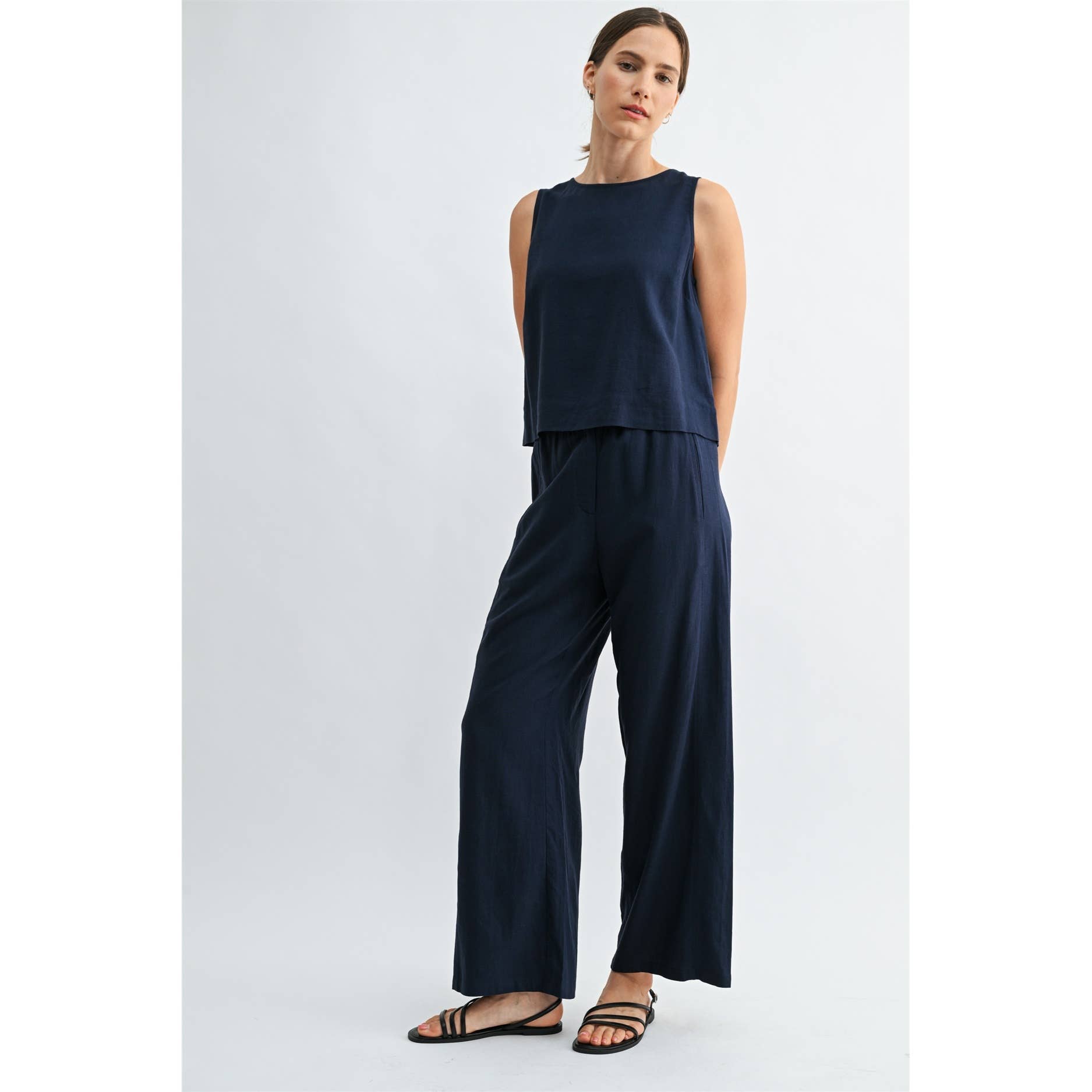 LINEN BLEND ELASTIC WAIST BUTTON FRONT PANTS