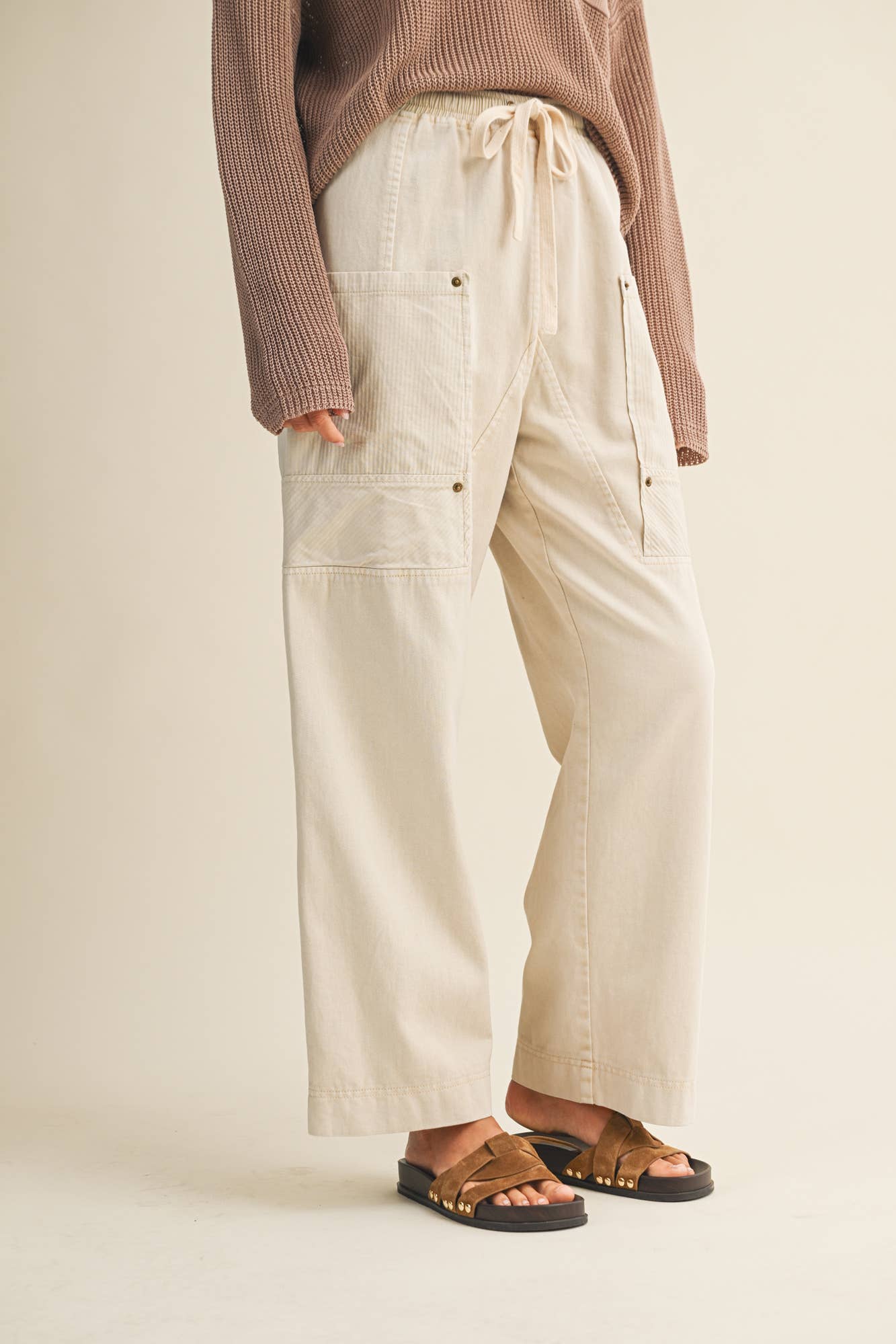 Drawstring Waist Wide Leg Utility Trouser