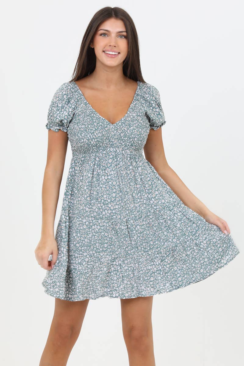 Ditsy V-Neck Puff Sleeve Dress