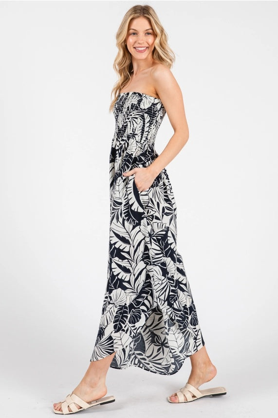 Tropical Strapless Smocked Jumpsuit