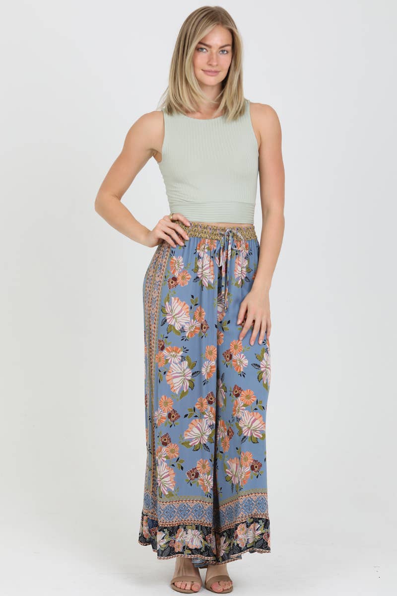 Border Print Wide Leg Pants