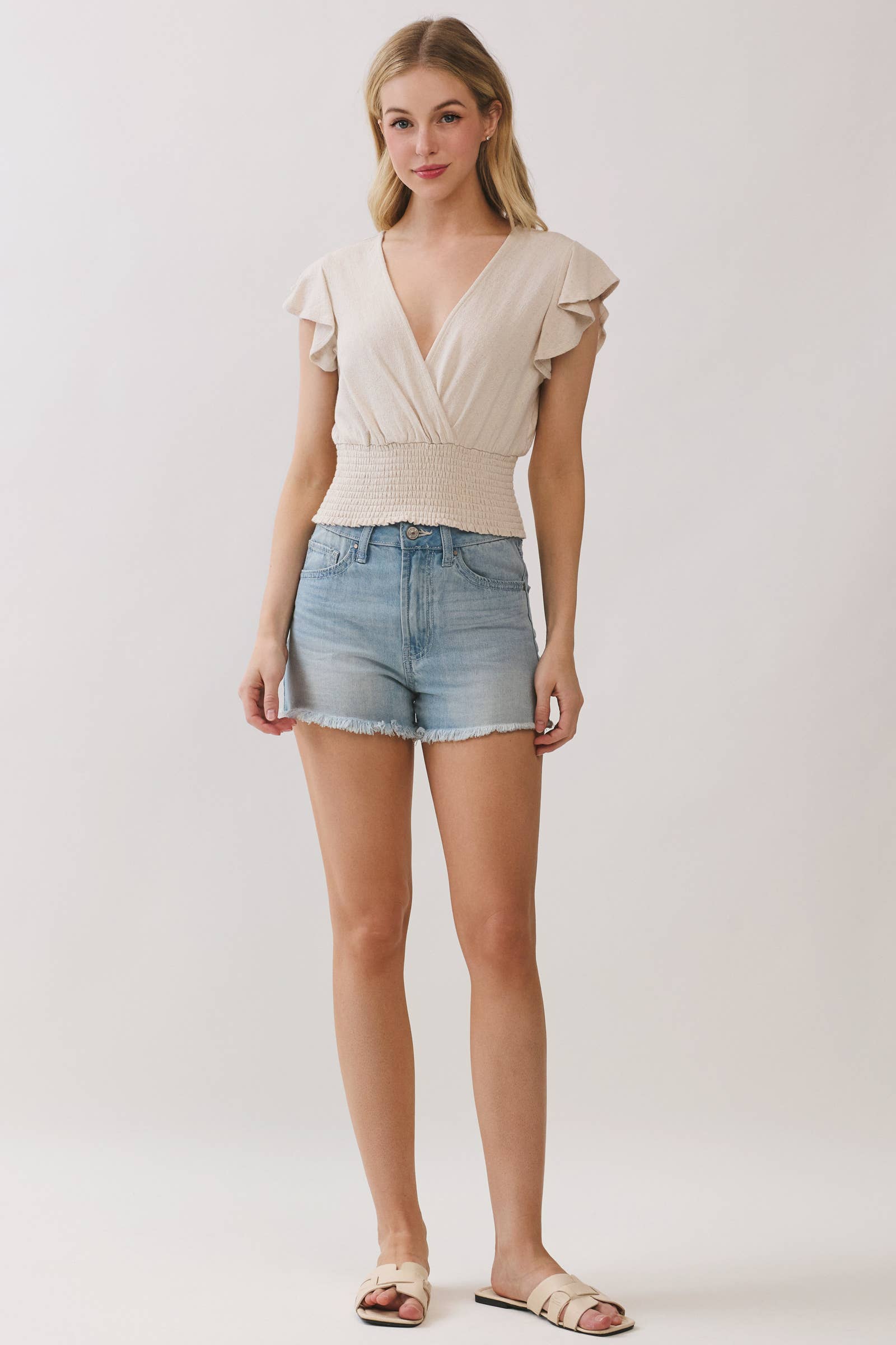 Linen Flutter Sleeve Smocked Top