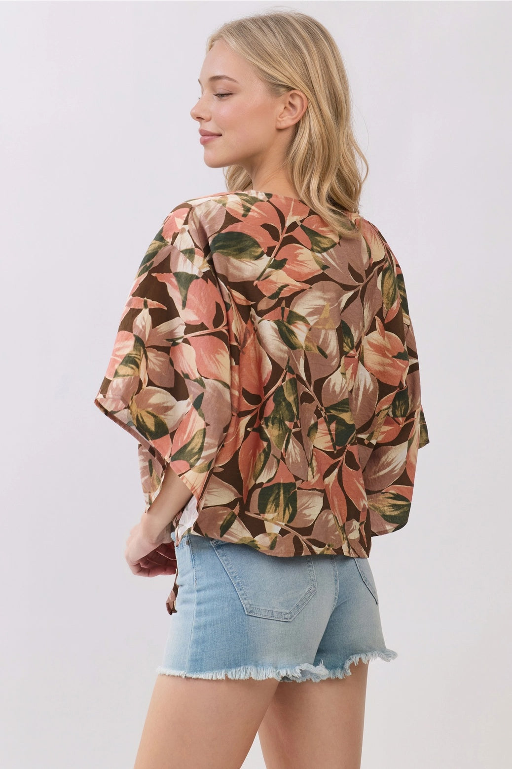 3/4 Sleeve Leaf Print Tie Front Cardigan