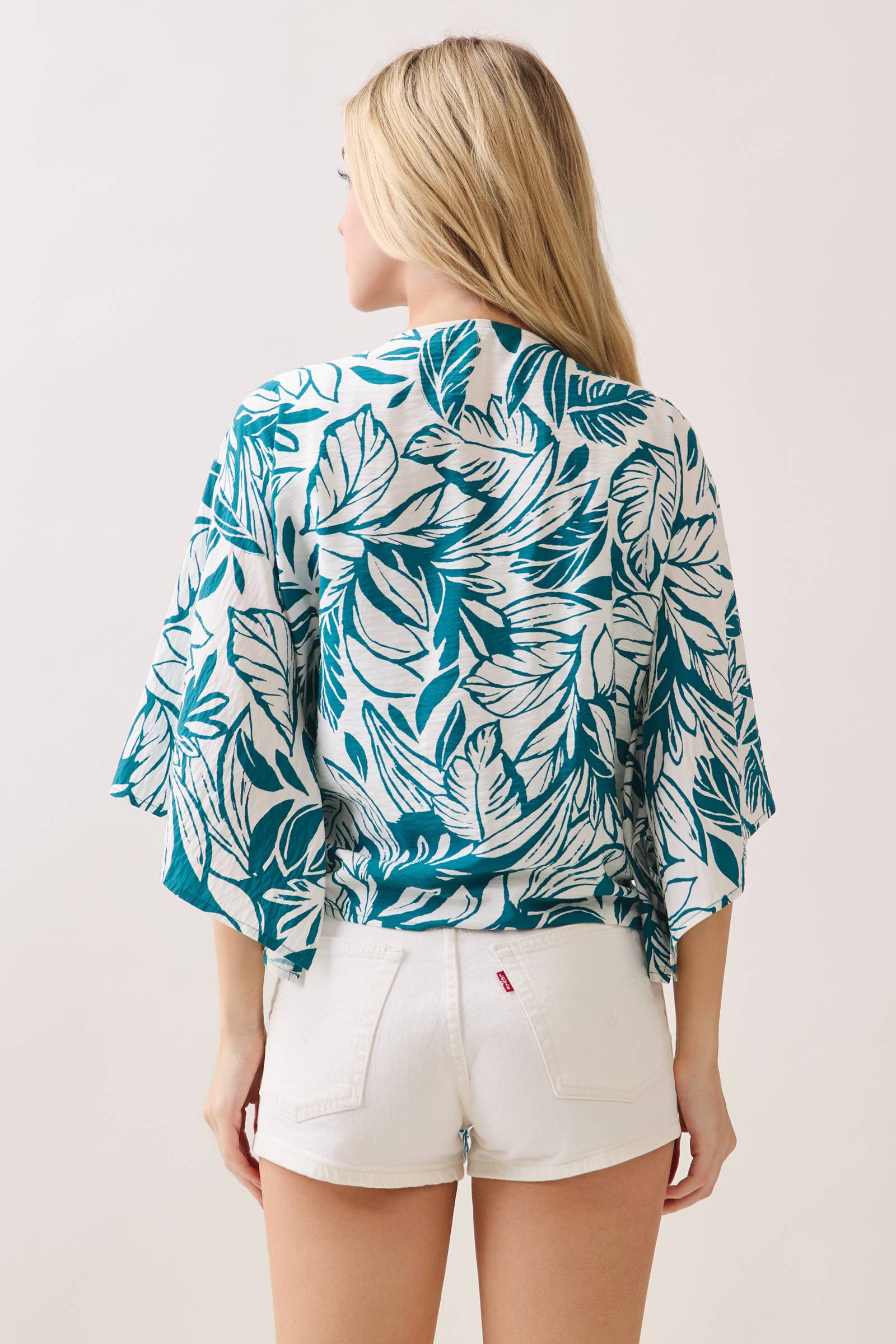 Tropical Print 3/4 Sleeve Tie Front Top