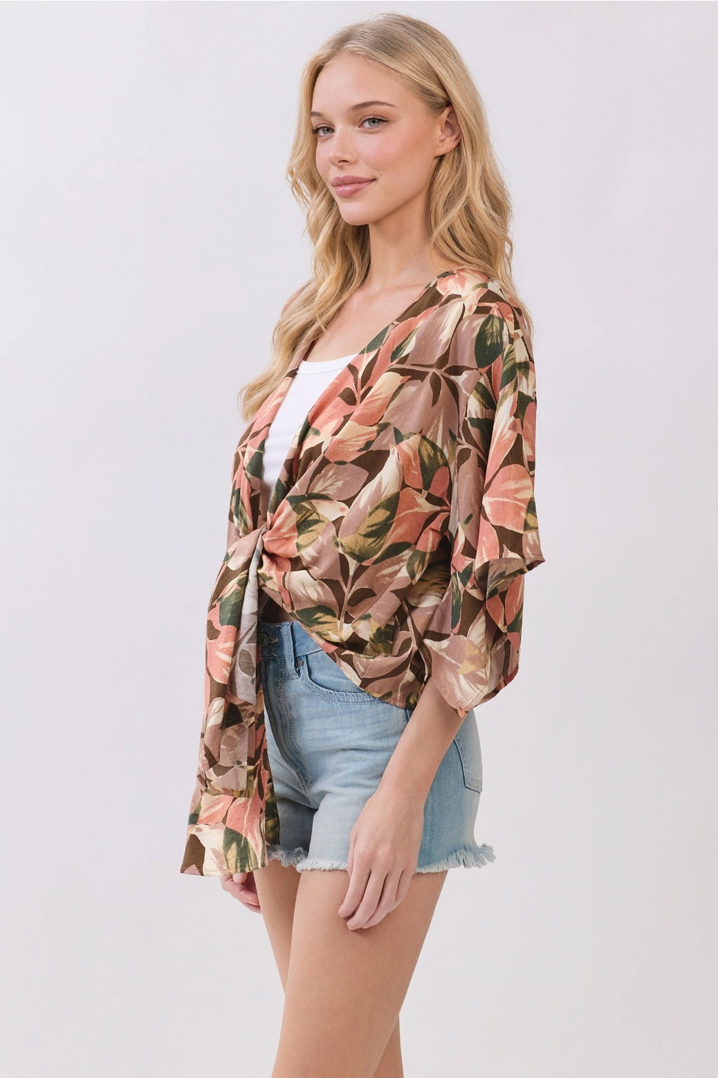 3/4 Sleeve Leaf Print Tie Front Cardigan
