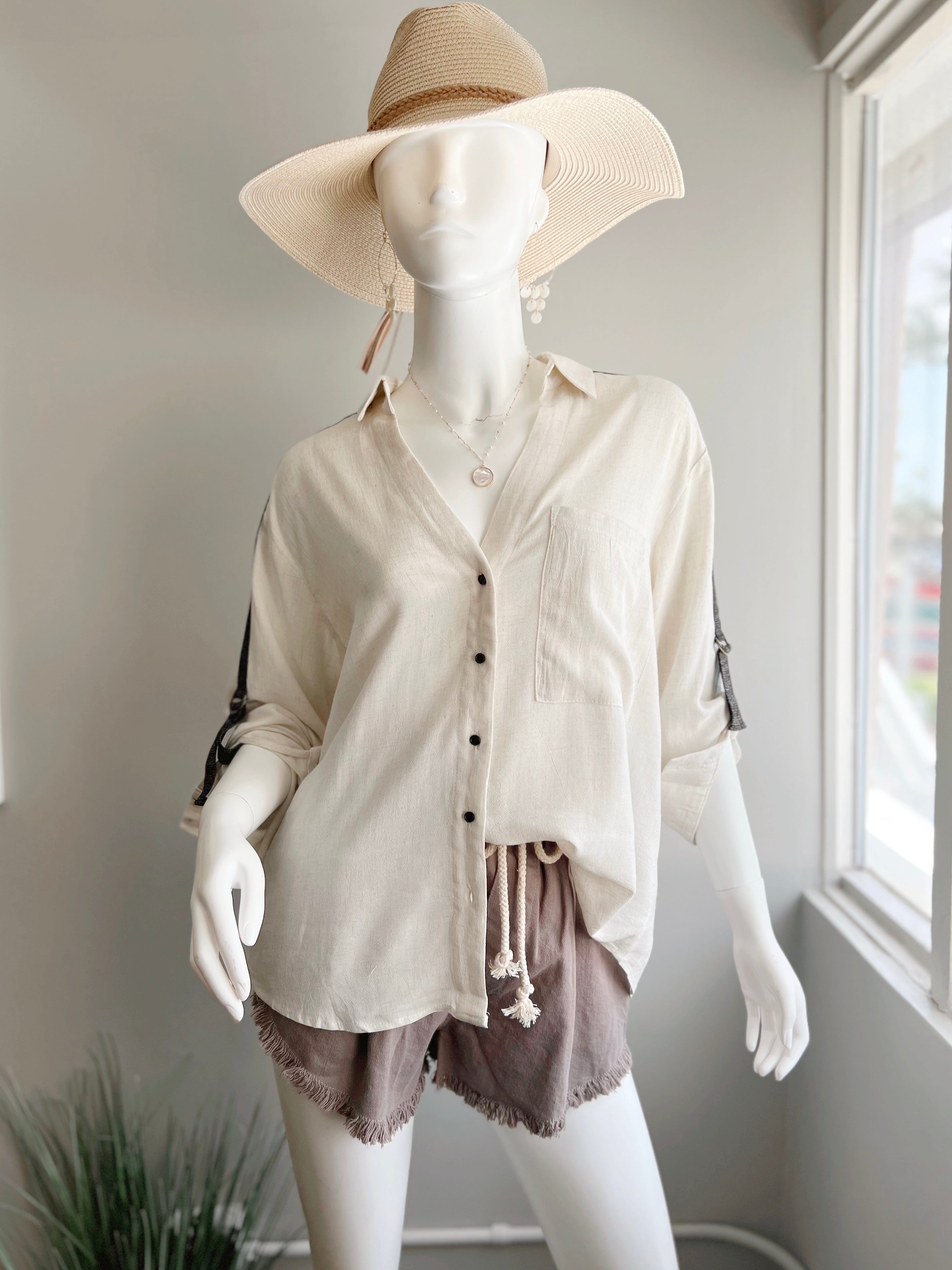 Buckle Sleeve Linen Top (FINAL SALE)