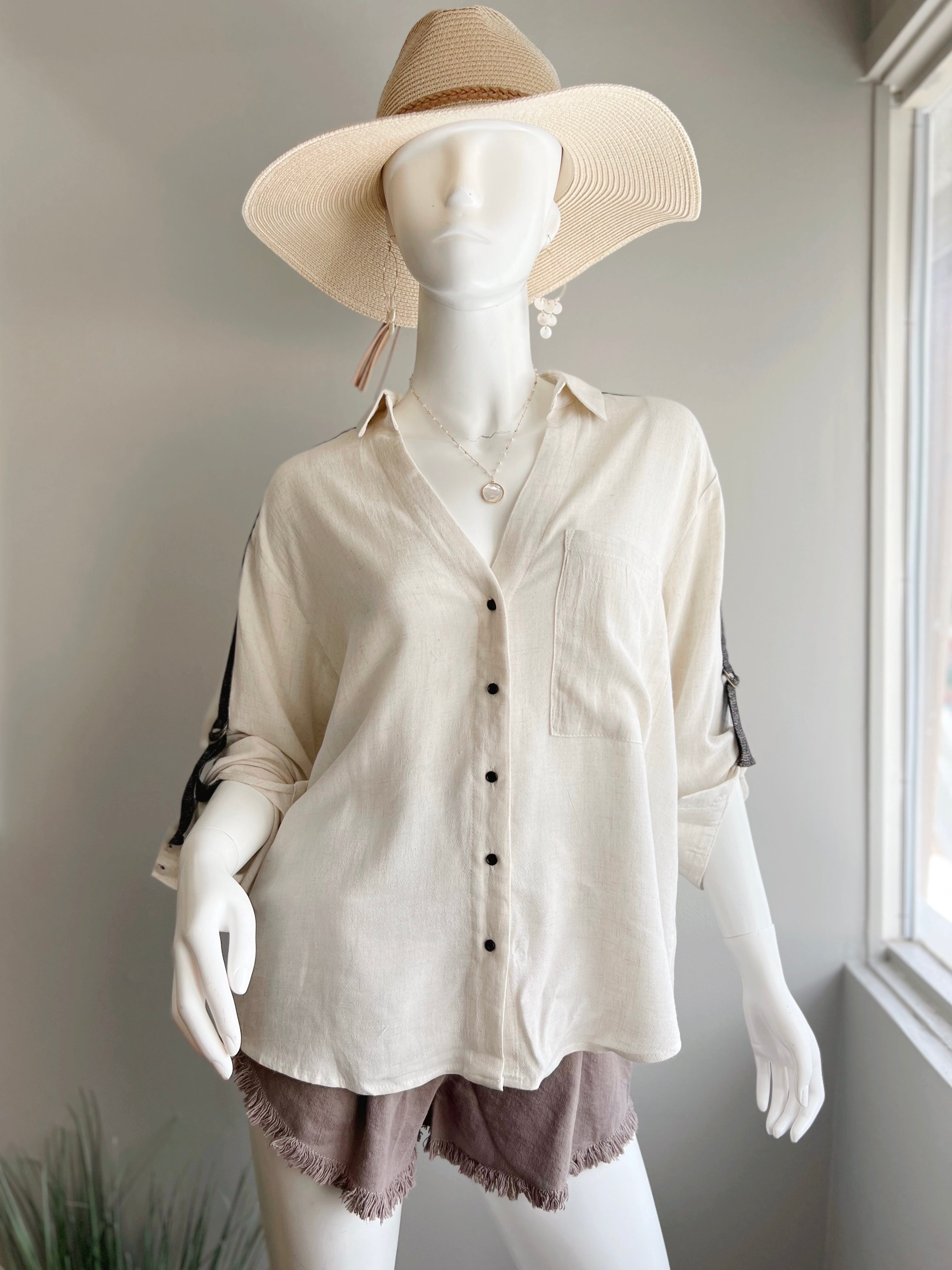 Buckle Sleeve Linen Top (FINAL SALE)