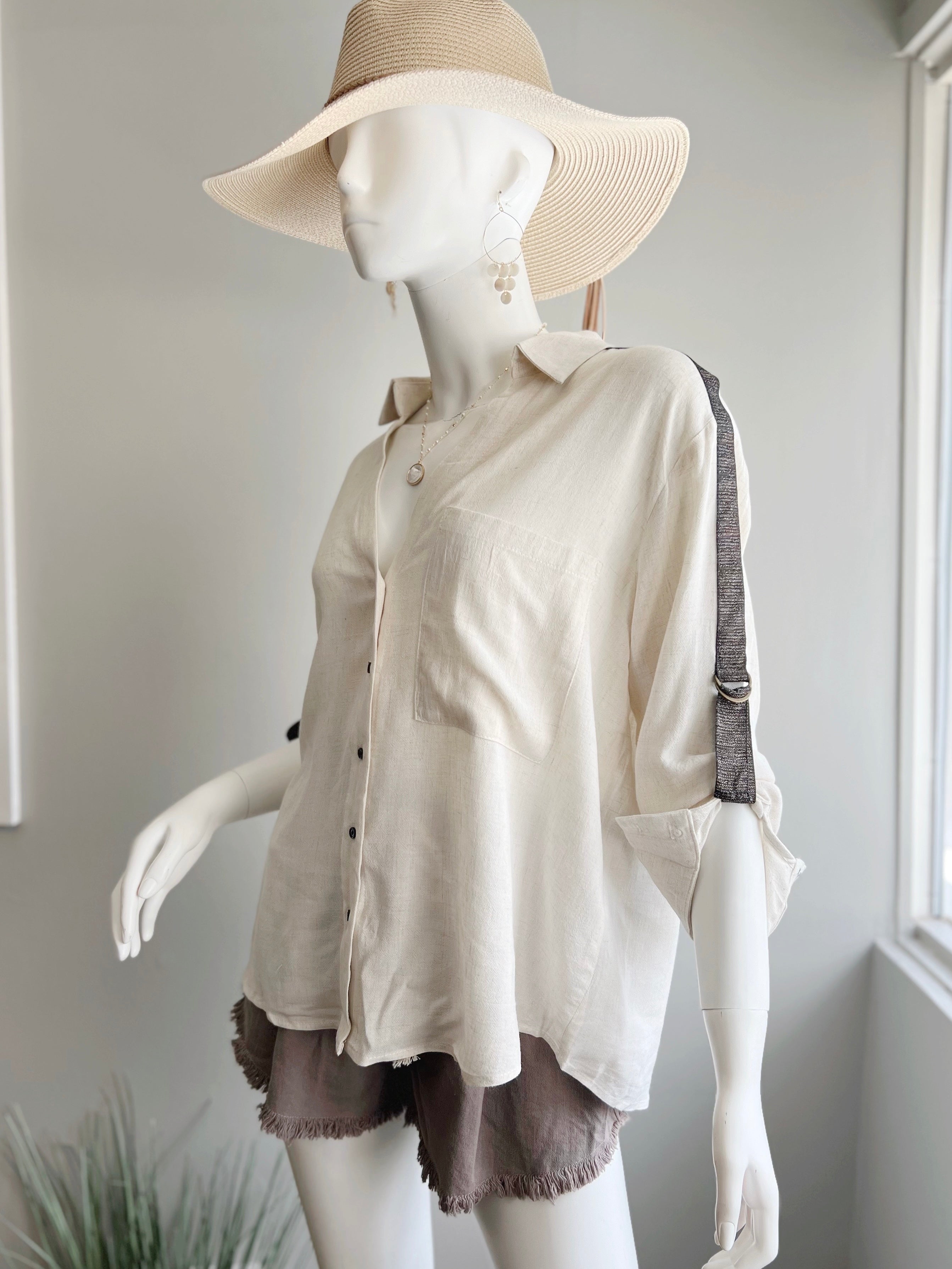 Buckle Sleeve Linen Top (FINAL SALE)