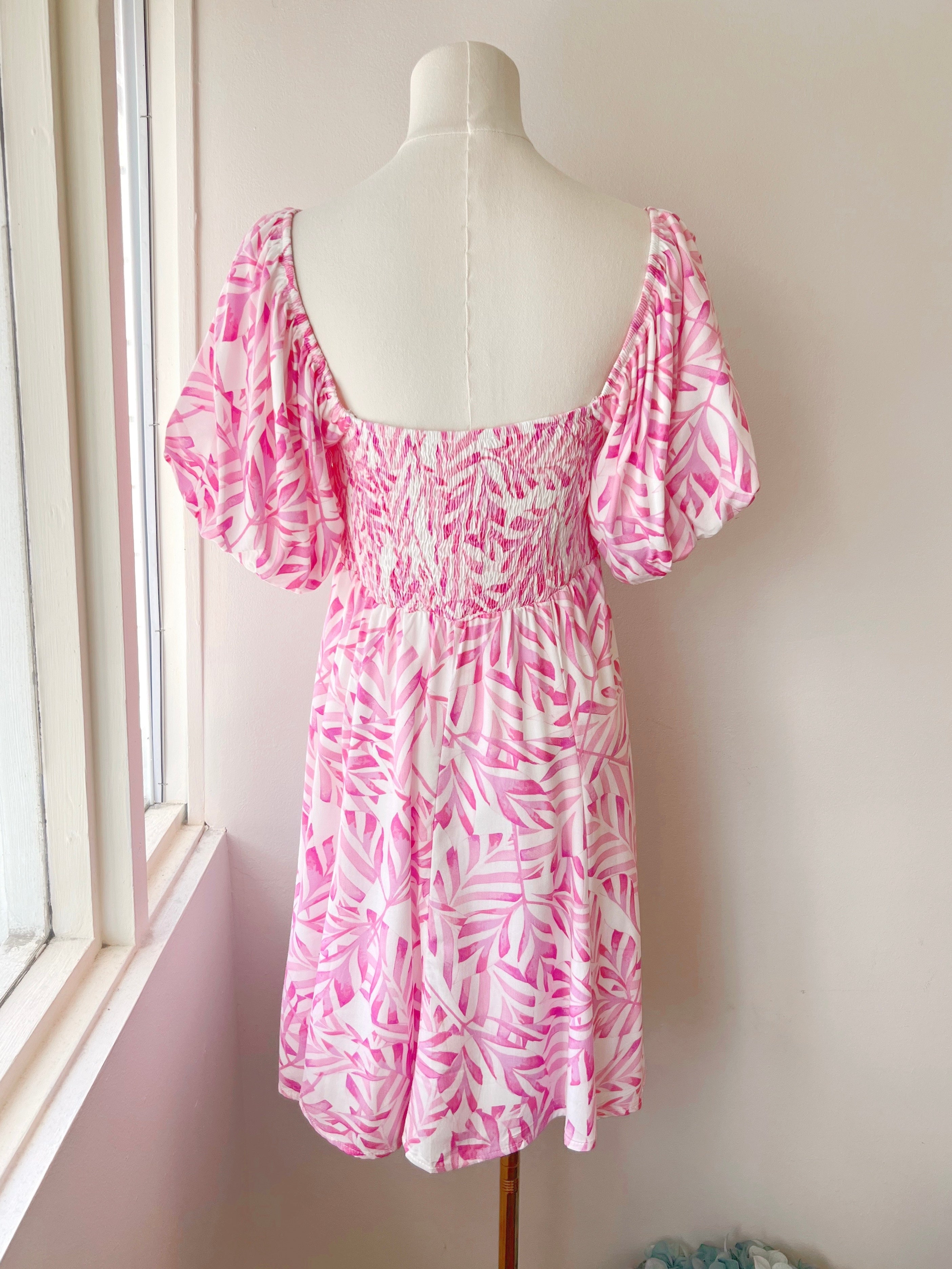 Puff Sleeve Palm Print Dress