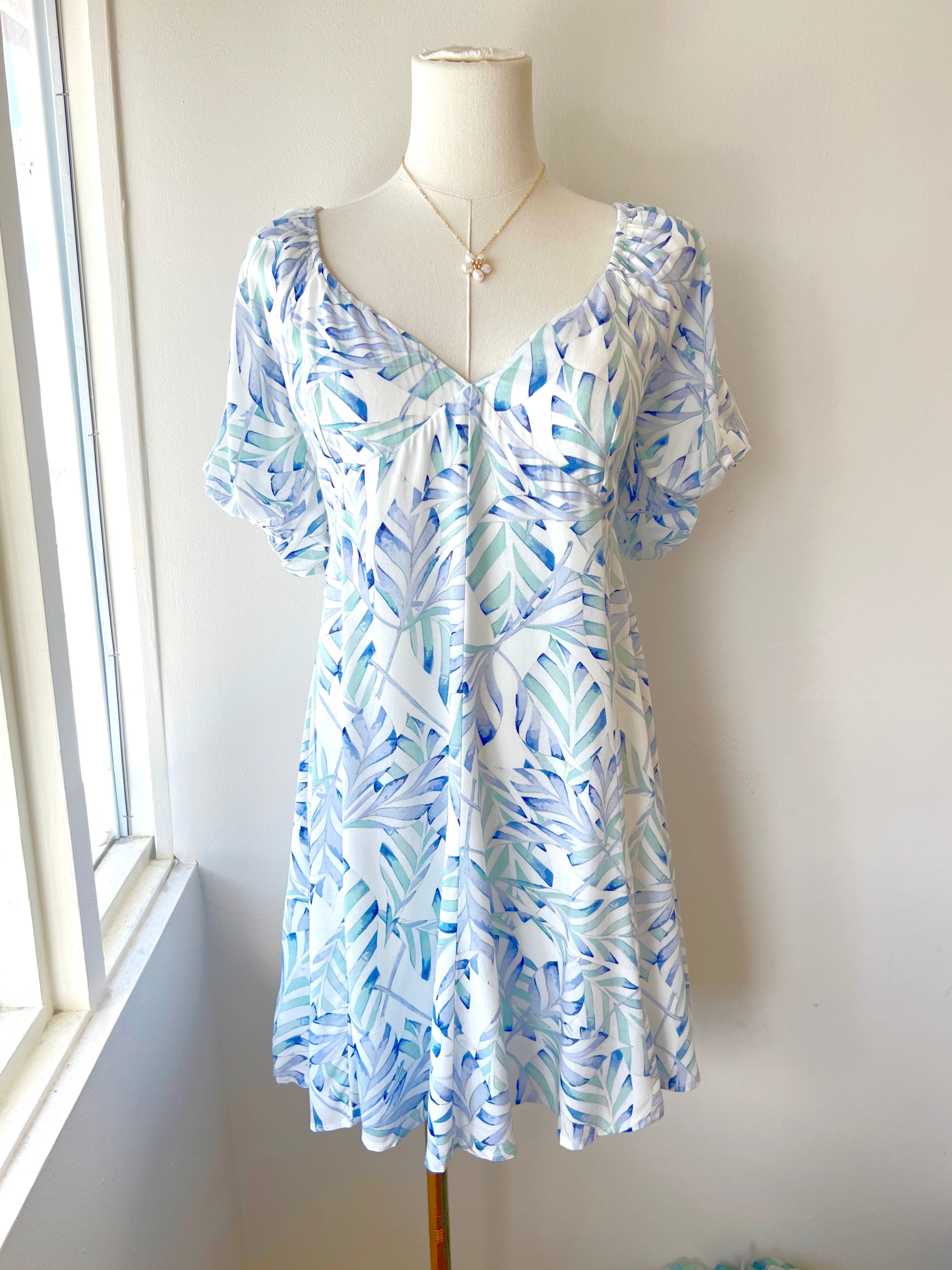 Puff Sleeve Palm Print Dress