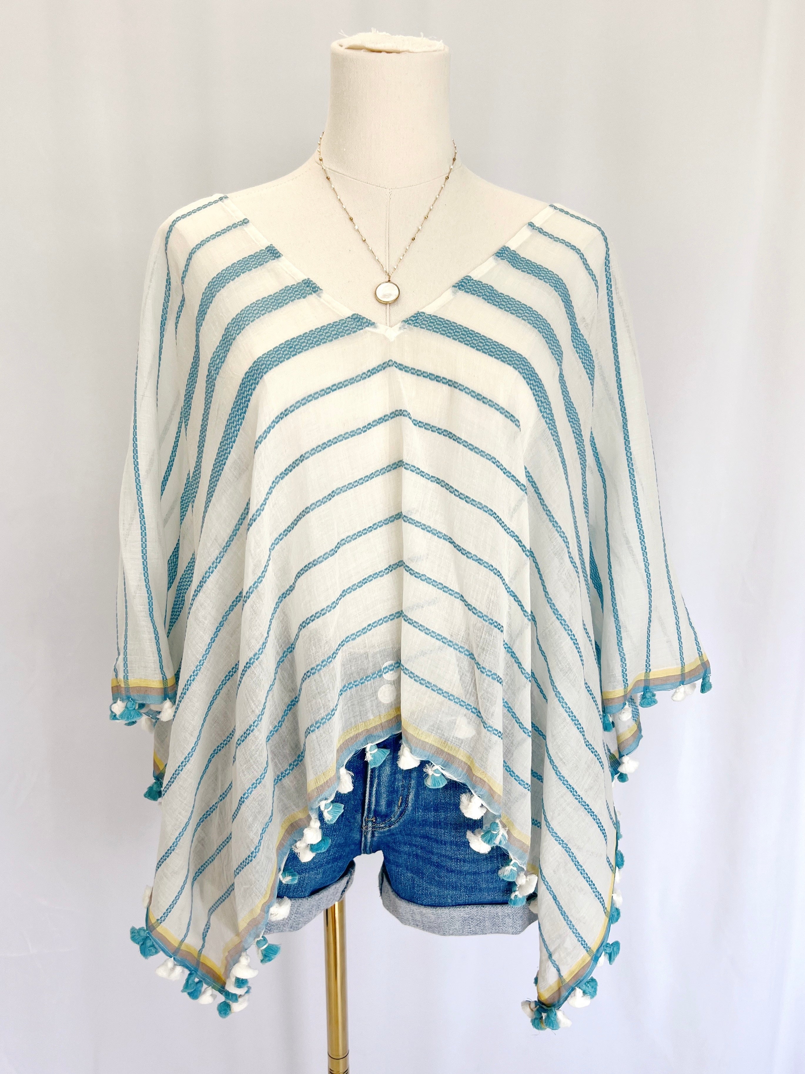 Pom Pom Striped Beach Poncho