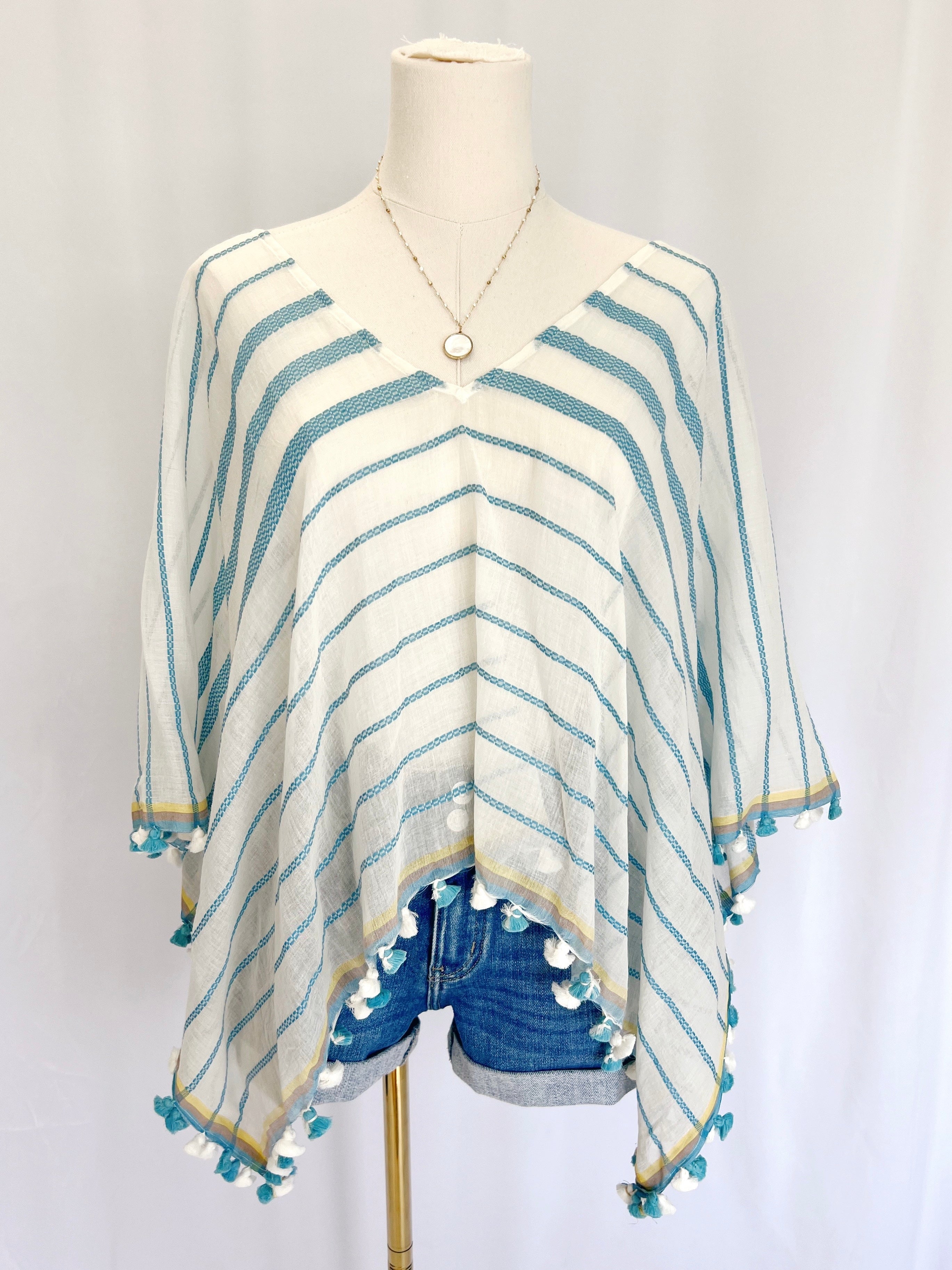 Pom Pom Striped Beach Poncho