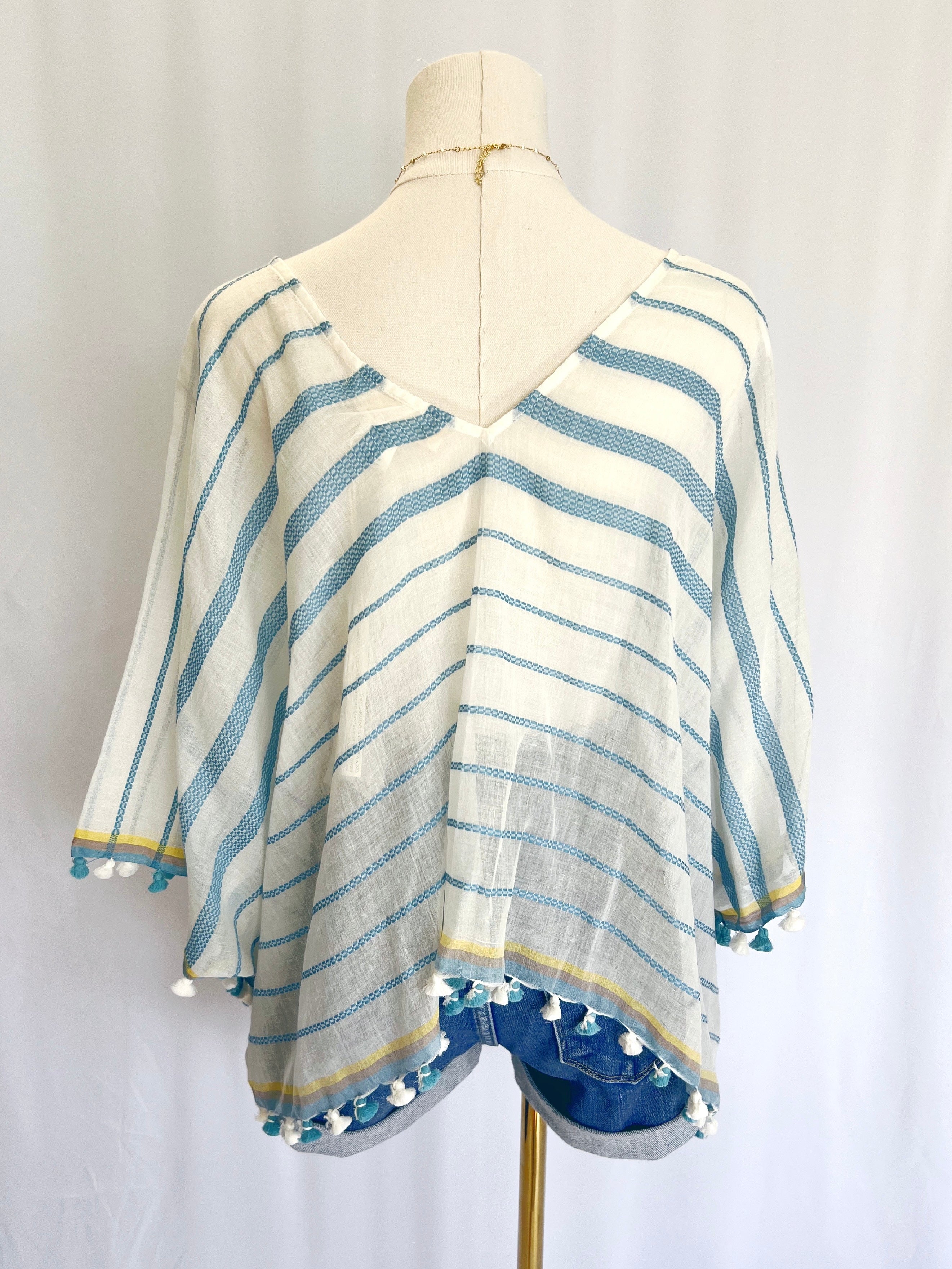 Pom Pom Striped Beach Poncho