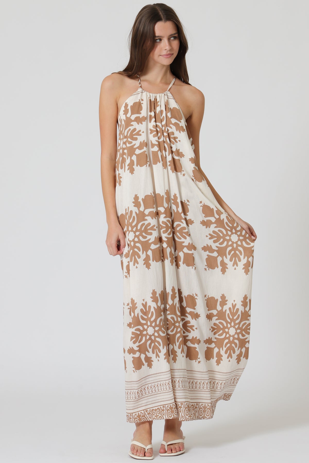 Draped Border Print Maxi Dress