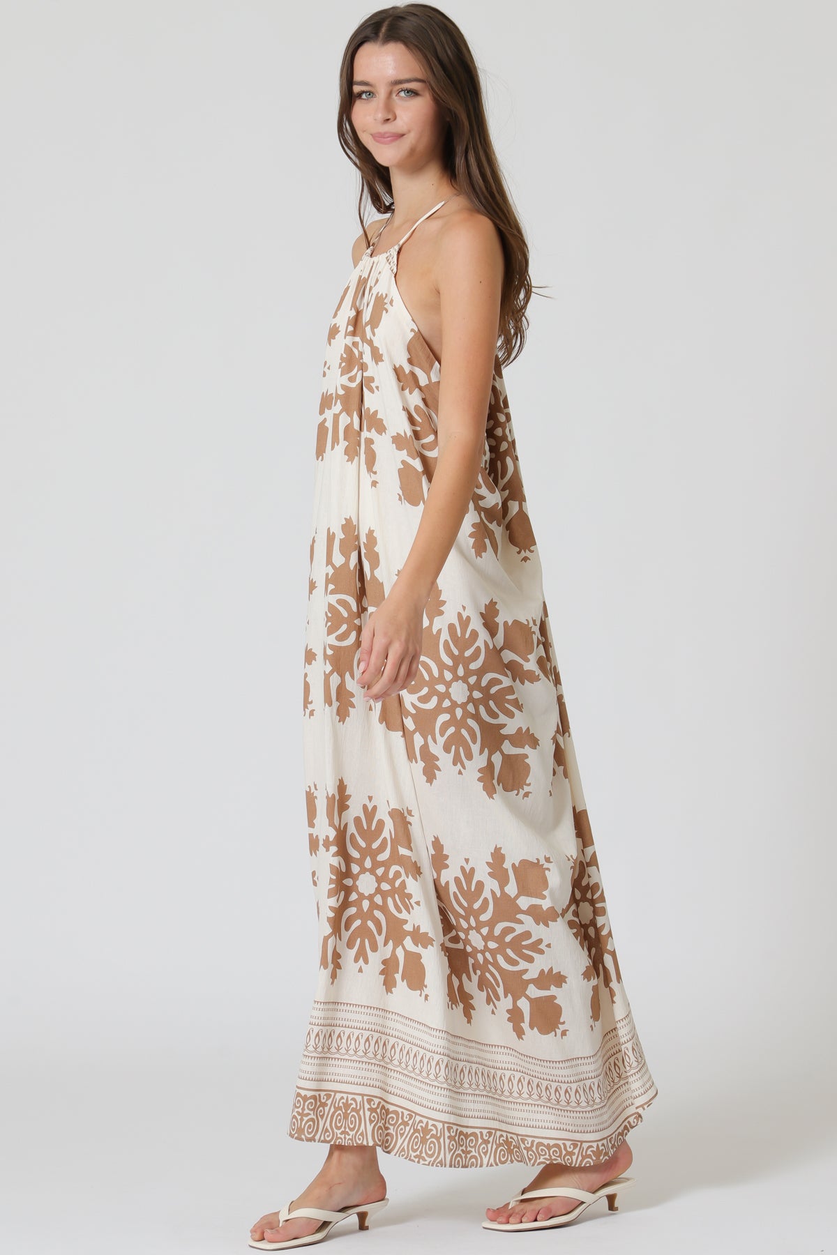 Draped Border Print Maxi Dress